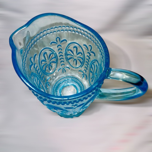 PIER 1 One Glass Pitcher Blue Embossed Aqua Pitcher 9.5" Tall - Picture 4 of 5